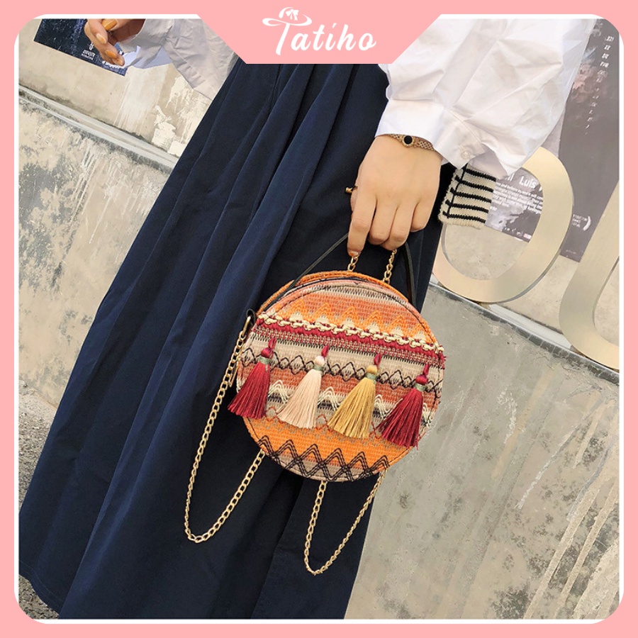 [HÀNG XỊN, GIÁ TỐT] Túi BoHo ( Túi Thổ Cẩm) Đeo Chéo Hình Tròn Phối Tua Rua Thời Trang - Mã TUI51