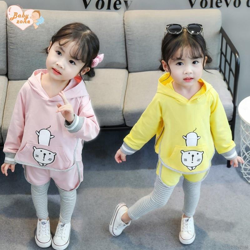 Set áo Hoodies có nón dài tay + quần kẻ sọc đáng yêu cho bé gái