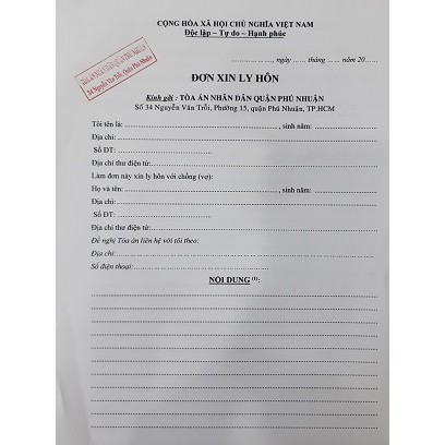 Mẫu đơn ly hôn quận Phú Nhuận TP HCM+bản hướng dẫn hồ sơ ly hôn và gửi hồ sơ đến tòa án