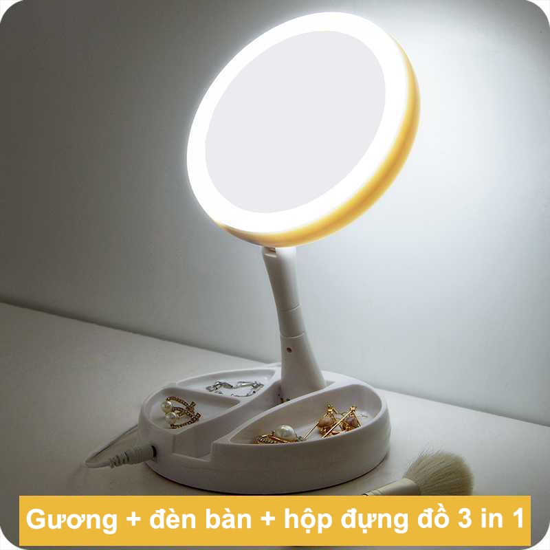Gương Trang Điểm Để Bàn Phấn Có Đèn Led Cao Cấp Hình Tròn, Kèm Dây Sạc 2 Mặt Xoay 360 Độ Gấp Gọn Có Ngăn Đựng Đồ Tiện