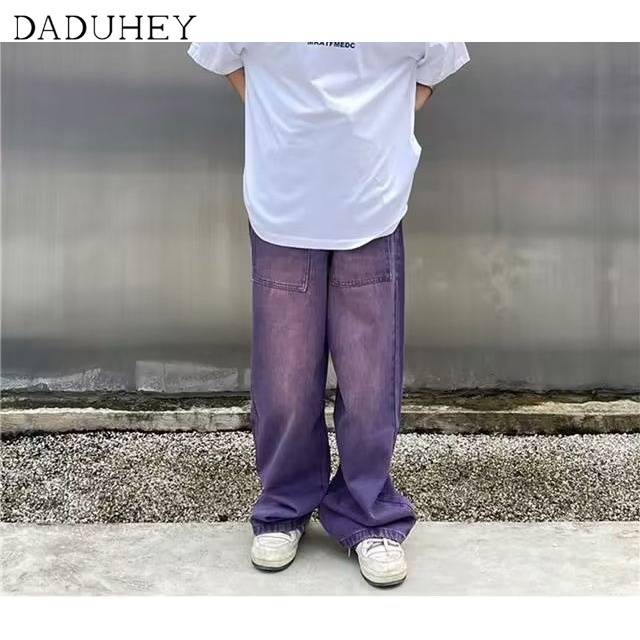 DaDuHey American Retro Washed Purple Jeans Ins Men &amp; Women Trendy Fashion Street Loose Straight Pants