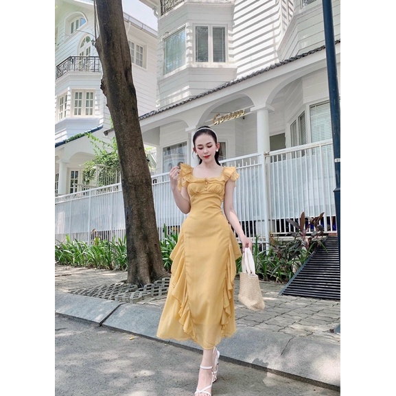 Đầm tơ cổ bèo vuông nút bọc cao cấp loại 1 | BigBuy360 - bigbuy360.vn