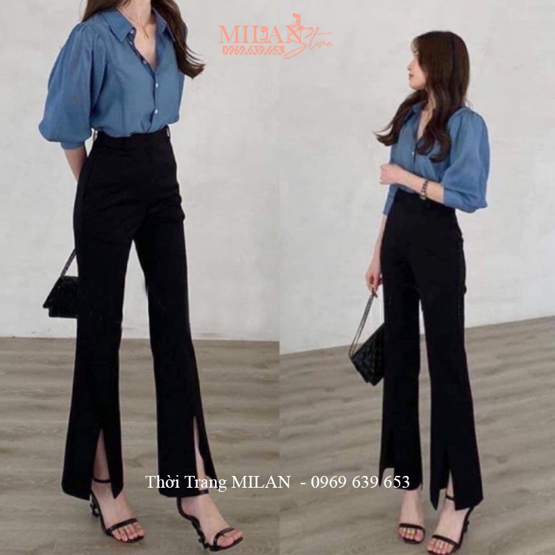 Quần tây ống loe xẻ tà trước vẩy cá tính điệu vải mềm mặc đi học làm - Quần ống loe xẻ tà hack dáng màu đen công sở