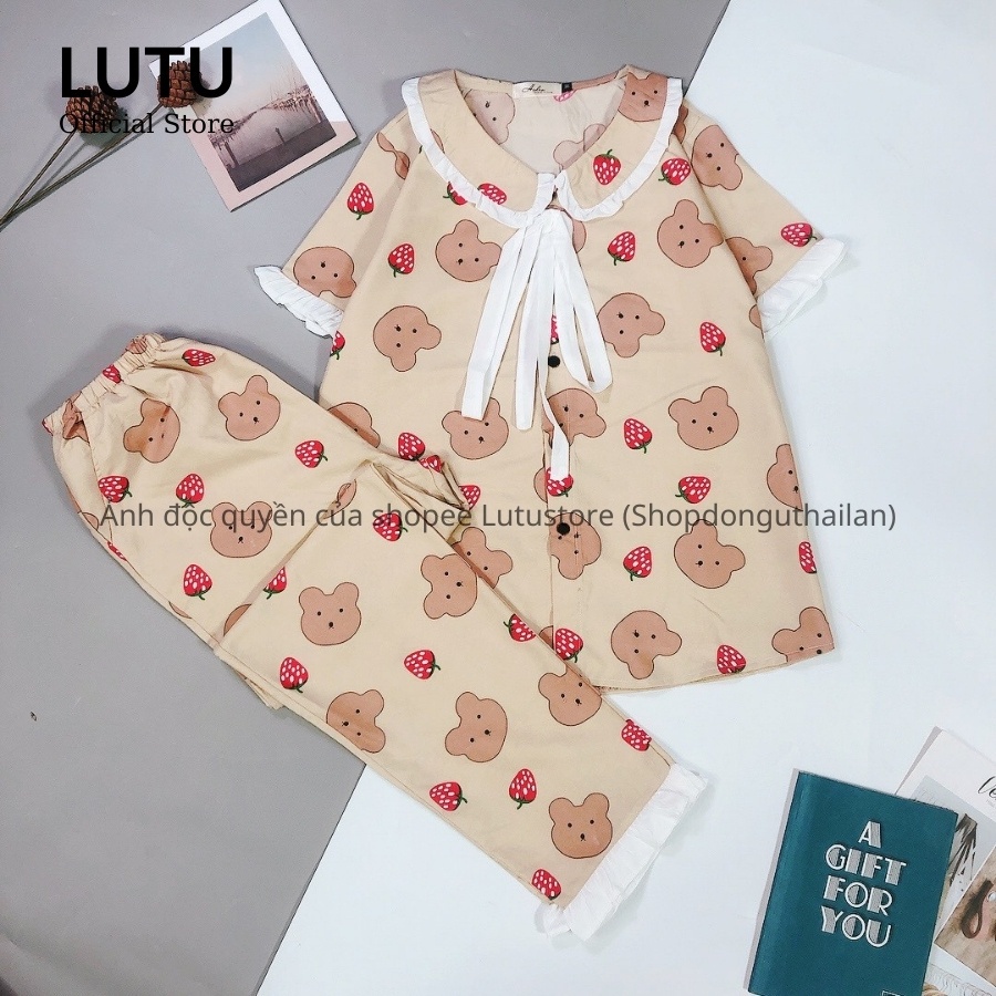 Bộ Ngủ Pijama Phối Nơ Bèo Tay Ngắn Quần Dài Họa Tiết Dễ Thương Thiết Kế Cao Cấp Phong Cách Tiểu Thư