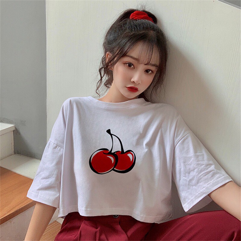 [Mã FAMAYWA2 giảm 10K đơn 50K] Áo Croptop Nữ / Áo Croptop Tay Lỡ Cherry / Áo Croptop Kiểu Form Rộng ACR01