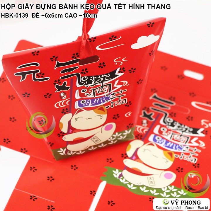 SET 5 HỘP GIẤY HÌNH THANG IN HÌNH MÈO CHIÊU TÀI ĐỰNG BÁNH KẸO QUÀ TẶNG TẾT NĂM MỚI, MỪNG TÂN XUÂN NEW YEAR HBK-0139