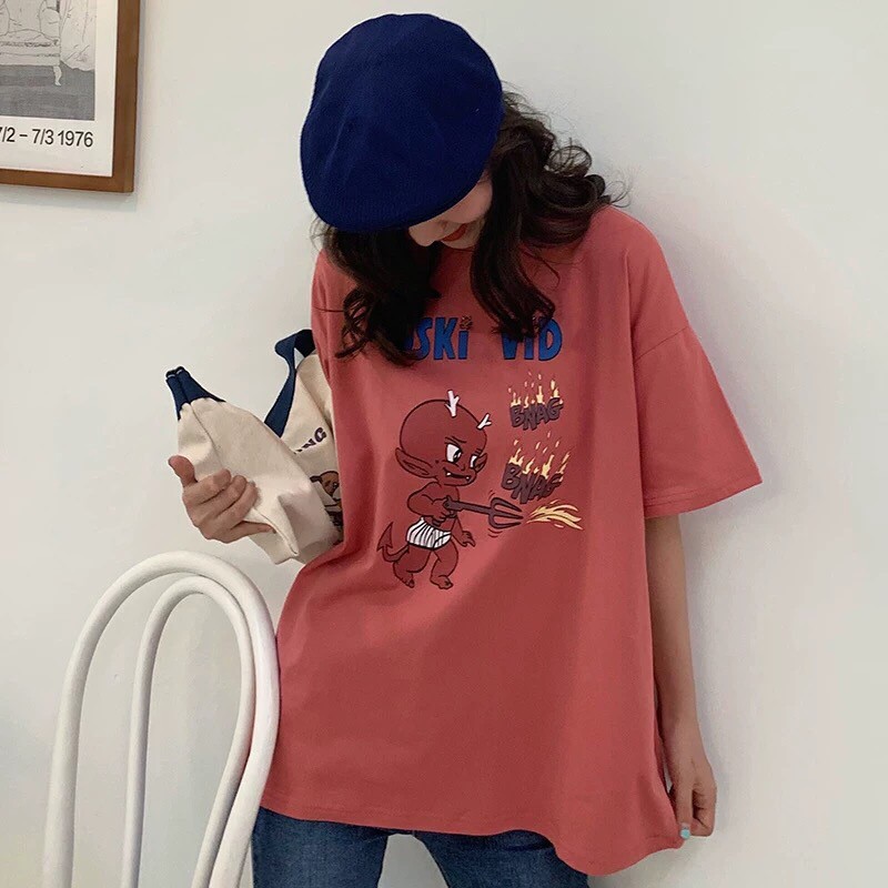 Áo thun nữ form rộng tay lỡ giấu quần dáng unisex ,mặc cặp nhóm , lớp in hình dễ thương