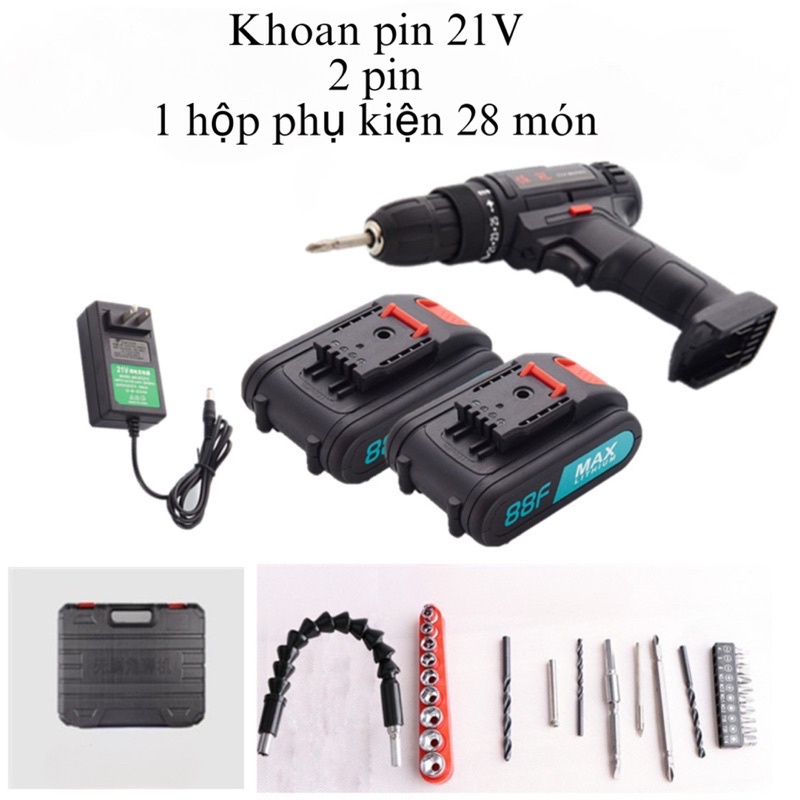 Khoan pin cầm tay giá rẻ 21V tặng kèm bộ phụ kiện 28 món