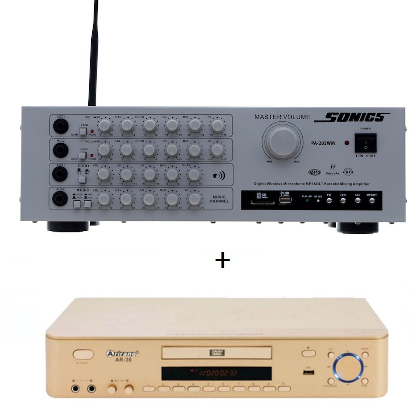 Combo Amply Arirang Sonics PA-203WM (Kèm 2 micro) + Đầu karaoke Arirang AR-36