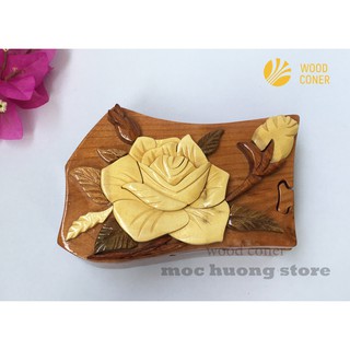 HỘP BÍ MẬT TRANG TRÍ HÌNH HOA HỒNG BẰNG GỖ 13X9,5X5,5CM
