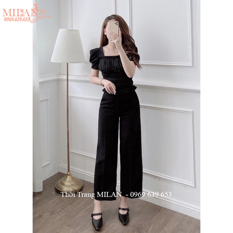 Quần ống rộng công sở lưng cao khuy bọc khóa trước kiểu quần tây ống suông nữ rộng cạp cao vải tuyết mưa đi học làm đẹp