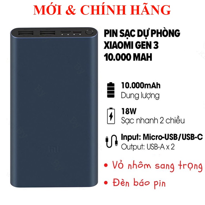 Pin dự phòng Xiaomi Gen 3 10000mAh Sạc Nhanh 18W Vỏ Nhôm Sang Trọng