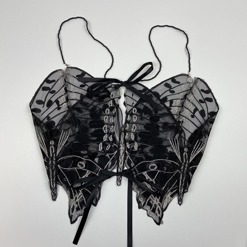 Áo Croptop Lưới Cổ Chữ V Thêu Họa Tiết Bươm Bướm Quyến Rũ Thời Trang Cho Nữ