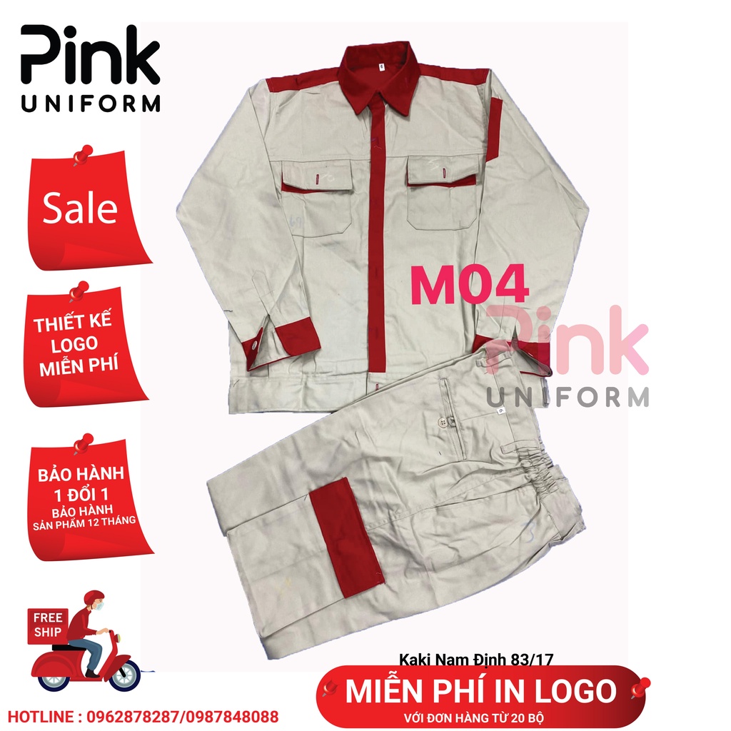 Quần áo bảo hộ lao động mầu kem phối đỏ