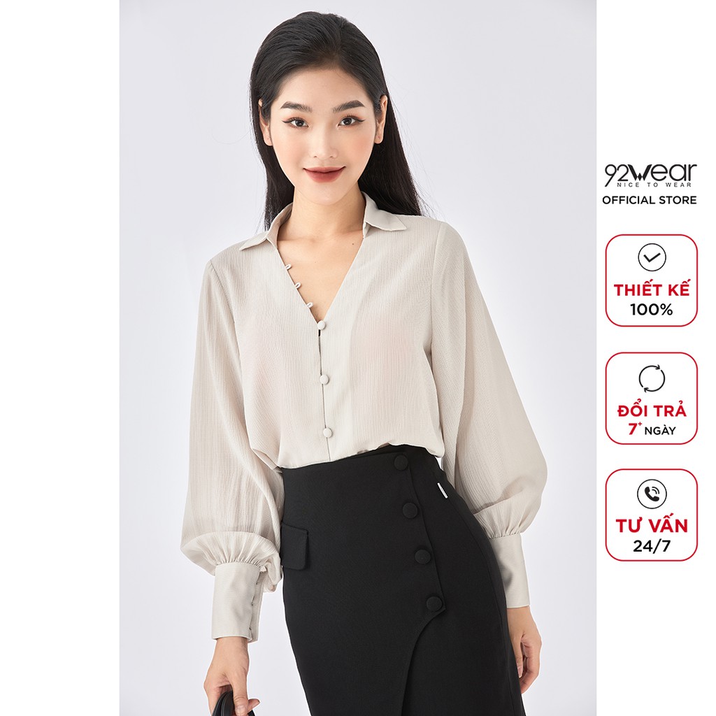 Áo sơ mi nữ công sở 92WEAR dài tay vải voan cổ tim thanh lịch trẻ trung ASA1893