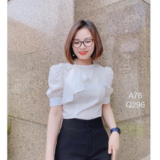 Áo sơ mi nữ công sở - áo sơ mi trắng tay ngắn bồng cổ nơ lệch dáng chiết eo 065