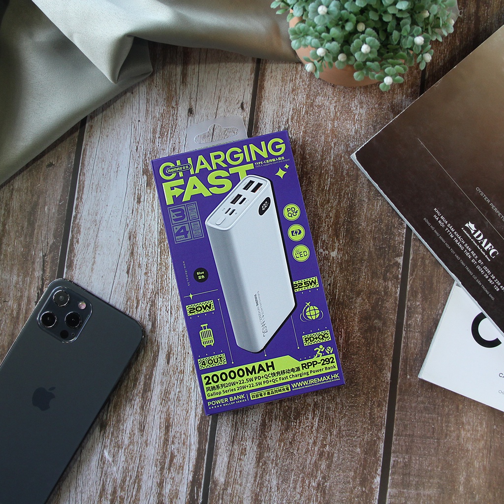 Pin Sạc Dự Phòng 20000mAh 22.5W Remax Việt Nam RPP-292 Hỗ Trợ Sạc Nhanh 18W Cả 2 Chiều - Remax Bảo Hành 12 Tháng