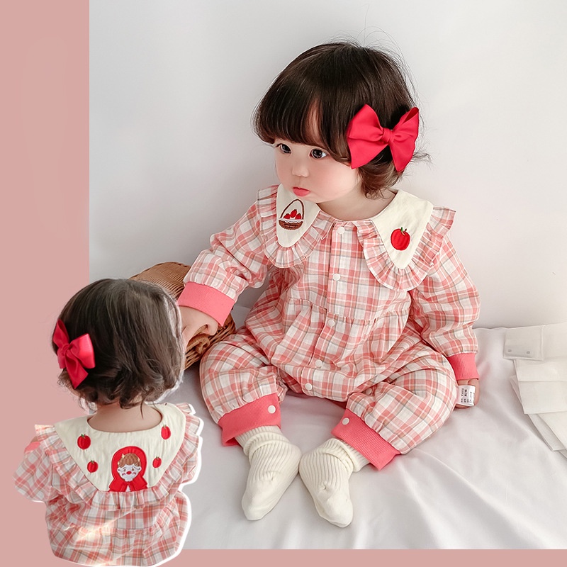 Áo Liền Quần Tay Dài Cổ Búp Bê Họa Tiết Caro Dễ Thương Cho Bé Gái Sơ Sinh 0-18 Tháng Tuổi