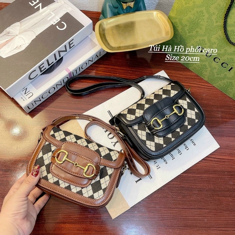 Túi Hà Hà Phối Caro  Túi Đeo Chéo Nữ Size 20