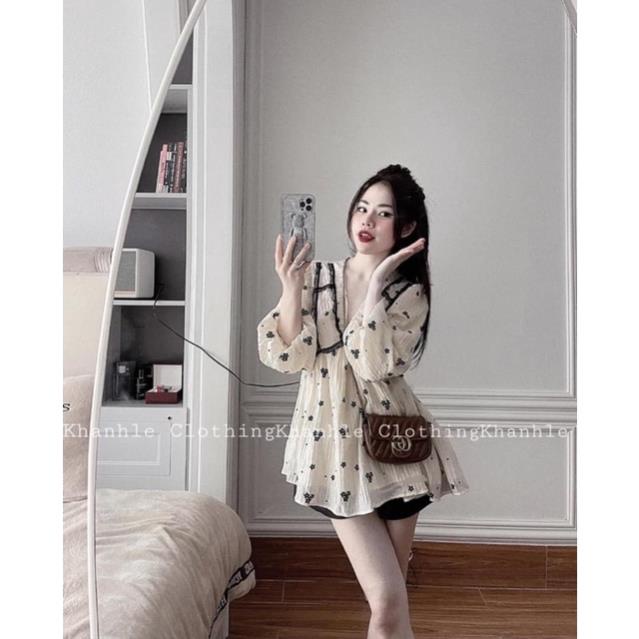 ÁO XỐP BABYDOLL HOA MÀU BE CỔ VIỀN