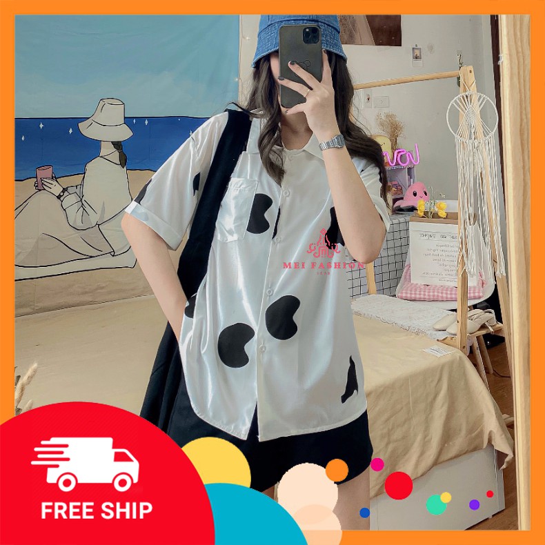 [FREESHIP EXTRA] ÁO SƠ MI LOANG BÒ SỮA FORM RỘNG UNISEX - SƠ MI CỘC TAY LỠ HỌA TIẾT BÒ SỮA CÁ TÍNH