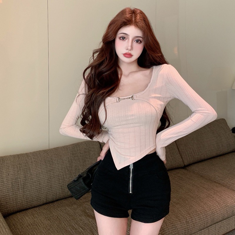 Áo Thun Tay Dài Giả Hai Lớp Màu Trơn Dáng Ôm Phong Cách Thời Trang Hàn Quốc Cho Nữ