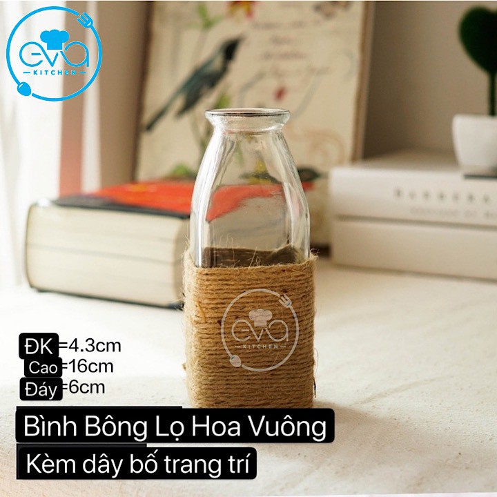 Combo 3 Bình Bông Lọ Hoa Thủy Tinh Vuông Loe Tam Giác Tặng Kèm Dây Bố Trang Trí