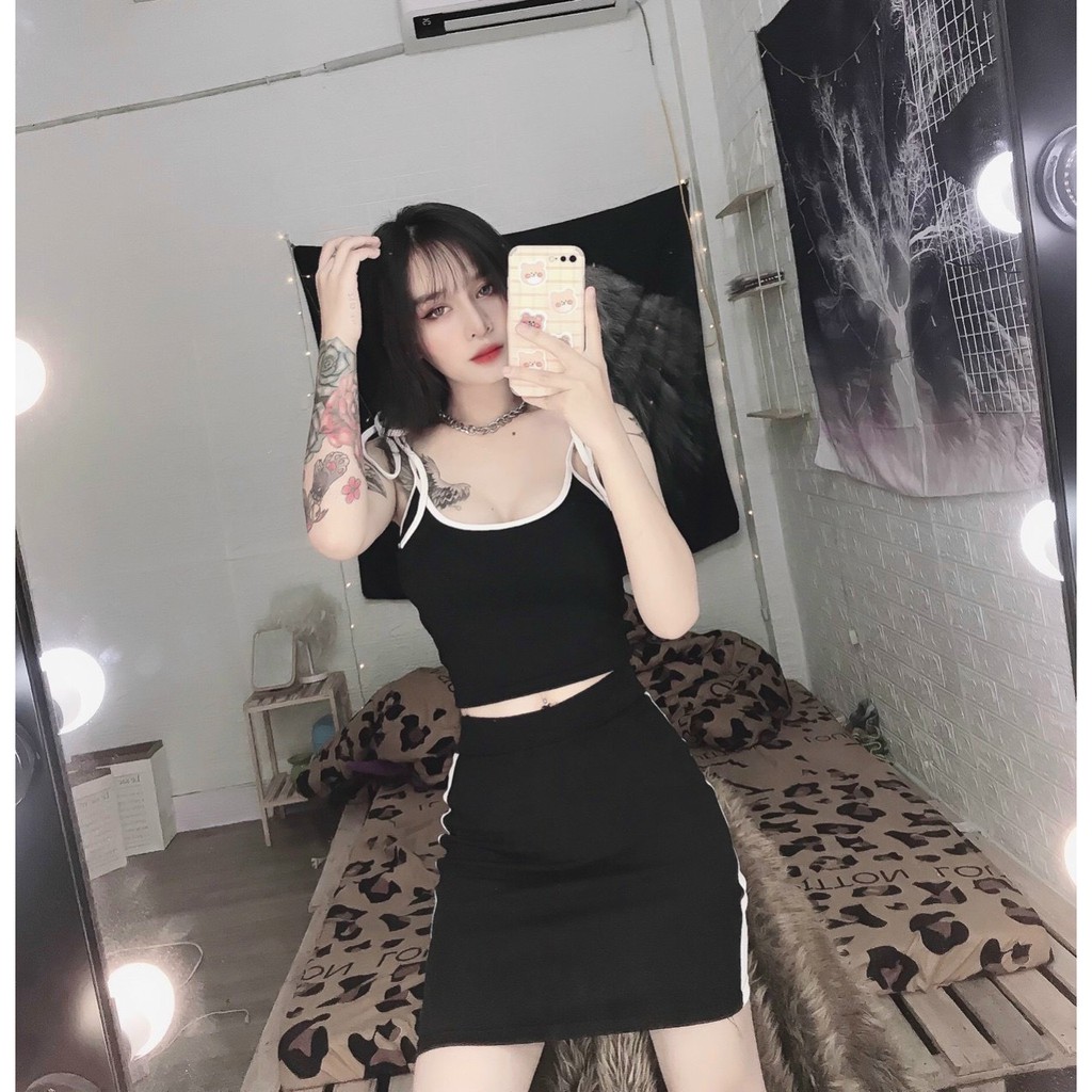 Sét bộ áo hai dây croptop viền màu kèm mút ngực phối chân váy ngắn body cực xinh , chất thun bozip mềm mịn ( ảnh thật )