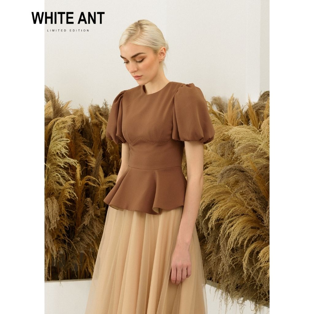 Áo peplum tay bồng nữ đai eo bọc da đi kèm White Ant
