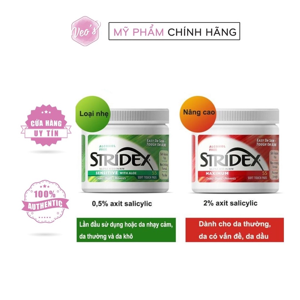 Miếng pad tẩy da chết, hỗ trợ giảm mụn Stridex Pad Xanh BHA 0.5%