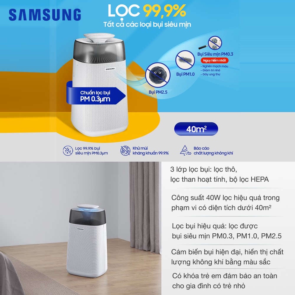 Máy lọc không khí Samsung AX40R3030WM/SV sản xuất Thái Lan, hàng chính hãng bảo hành 12 tháng