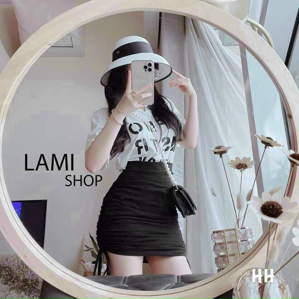 Set áo thun trắng in chữ kèm chân váy đen rút dây 2 bên, set váy thun đi chơi ôm body cực tôn dáng