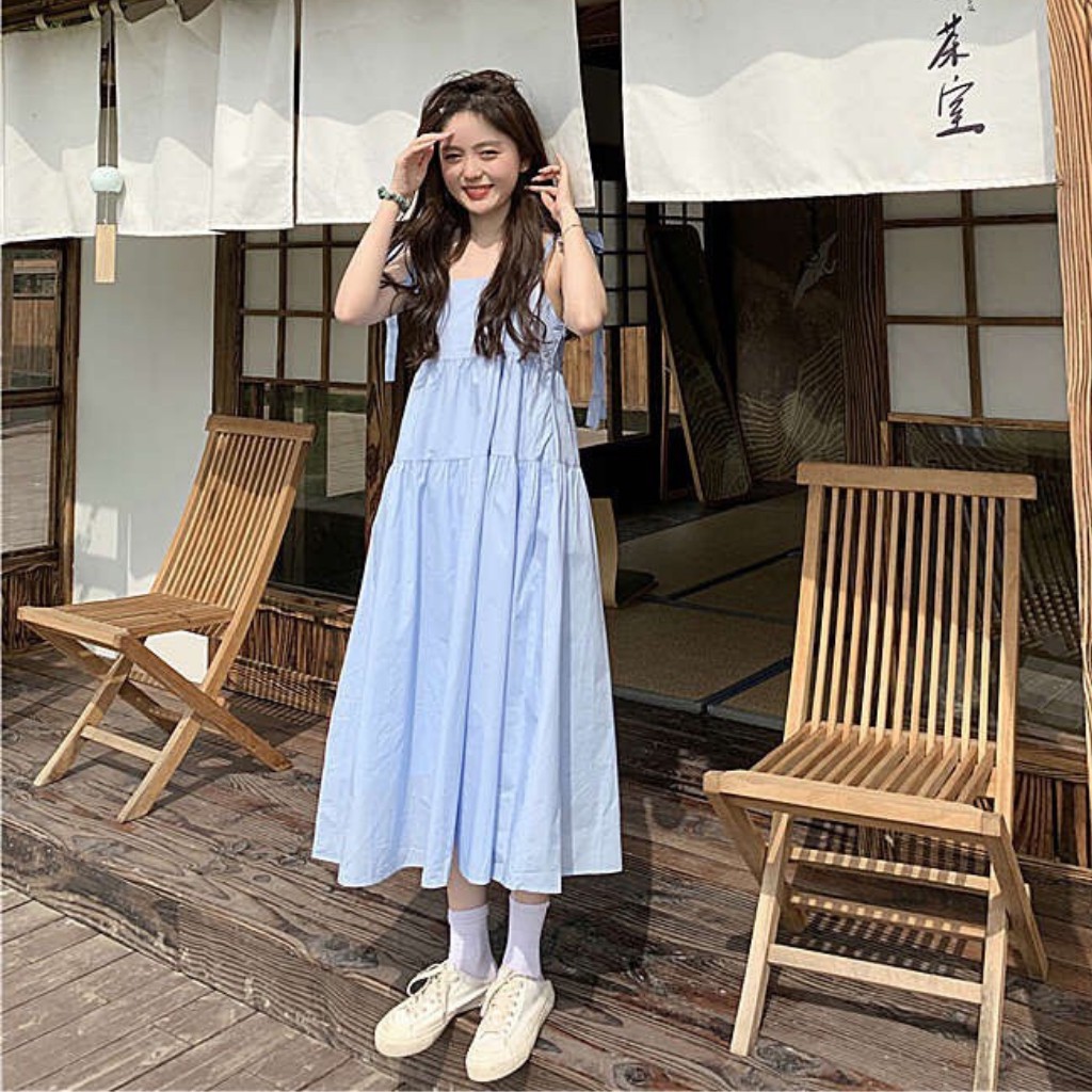 Váy 2 dây thô nến buộc vai/ Váy babydoll nữ dáng xòe phong cách Hàn Quốc / HÀNG CÓ SẴN