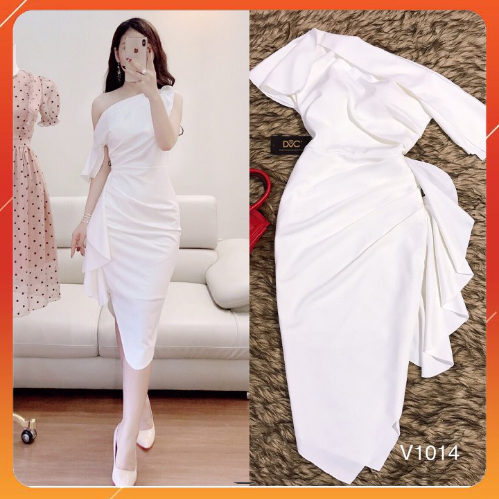 Đầm dự tiệc trắng body- lệch vai Siêu đẹp V1014 - chatfashion.vn (Kèm ảnh thật trải sàn do shop tự chụp)