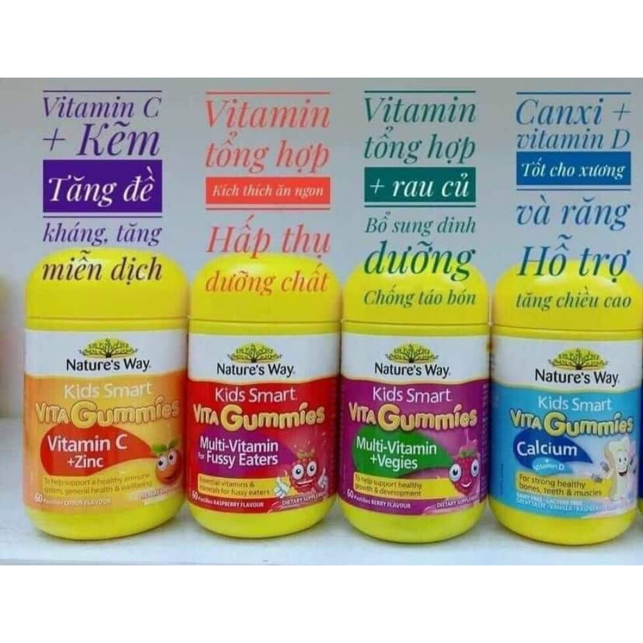 Kẹo dẻo vitamin nhiều vị (60v) bổ sung chất cho trẻ từ 2 tuổi trở lên Nature's Way Kids Smart Vita Gummies, Úc