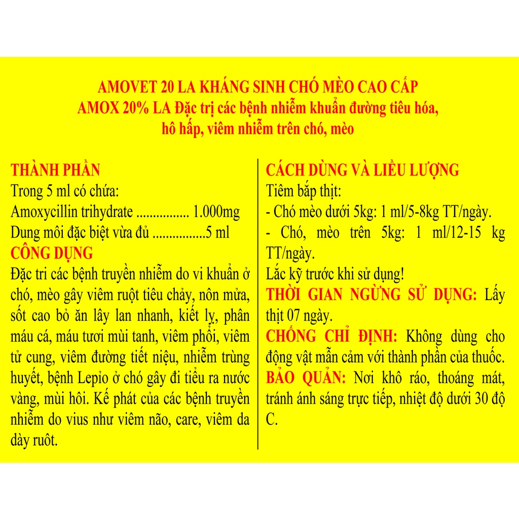 1 lọ AMOVET 20 LA 5ml Sản phẩm cao cấp dùng tốt cho chó, mèo