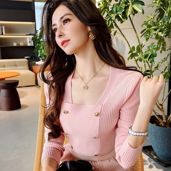 Áo dệt kim ZHELIHANGFEI tay dài cổ vuông phối nút cài thời trang xinh xắn cho nữ