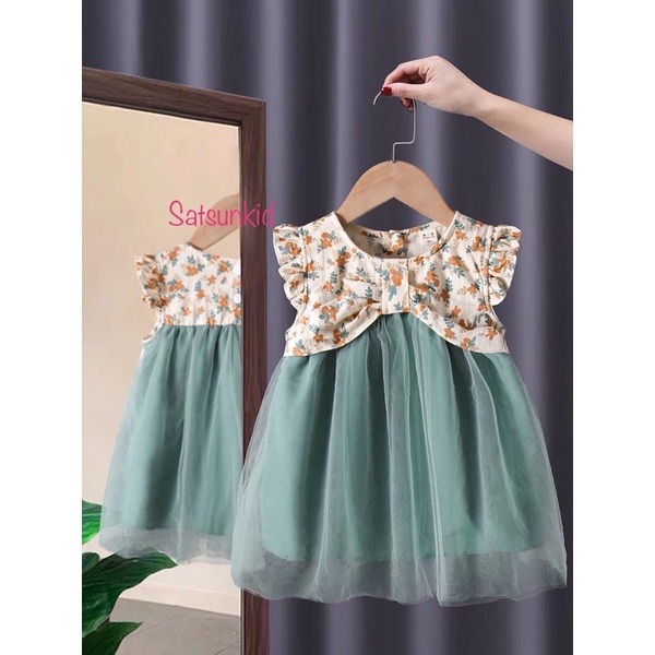 Váy bé gái tiểu thư xanh ngọc phối nơ và voan siêu xinh size 1-6 satsunkid