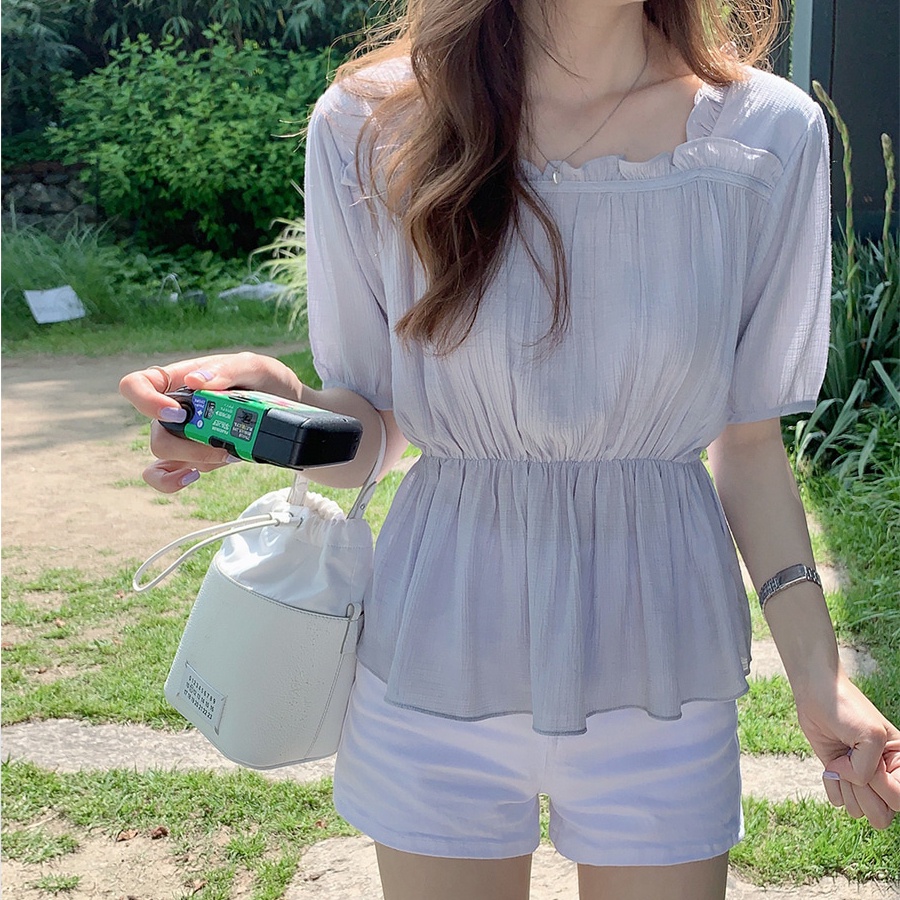 SUXI Áo Thun Tay Ngắn Cổ Vuông Màu Sắc Trơn Phong Cách Hàn Quốc Thời Trang Mùa Hè Cho Nữ