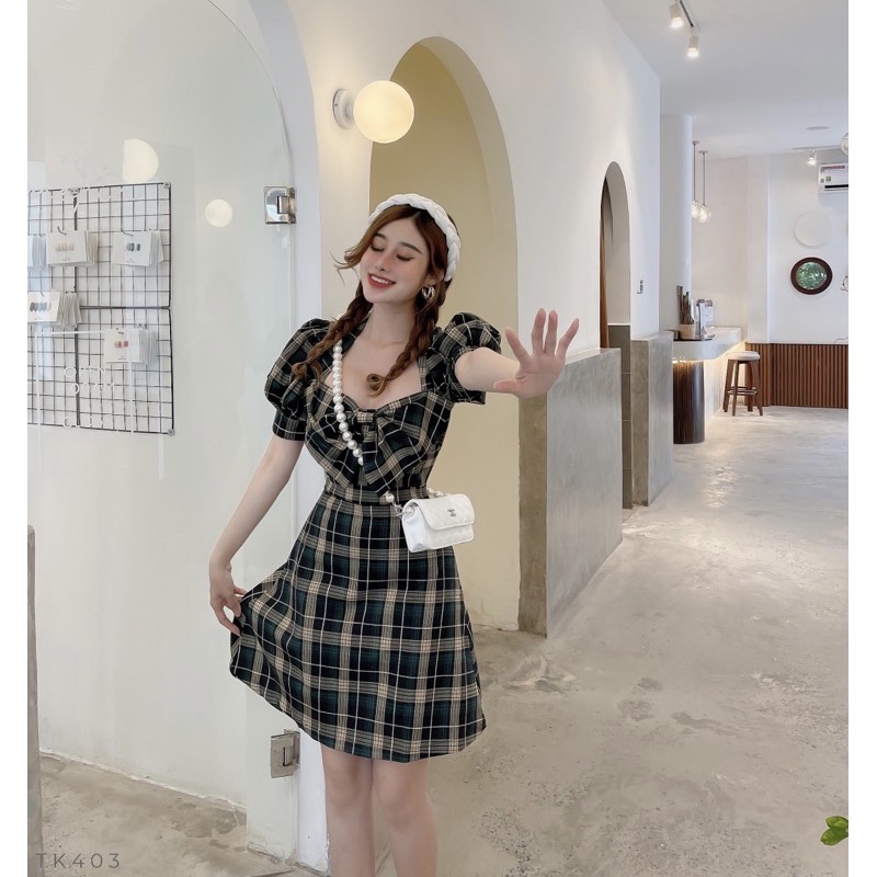 Đầm tay bồng nơ ngực caro xinh xắn | BigBuy360 - bigbuy360.vn