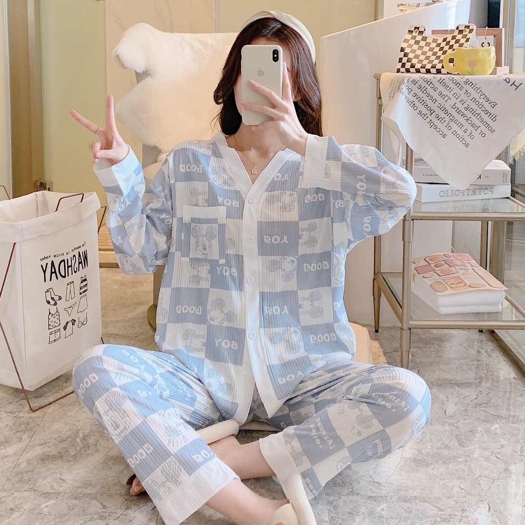 Set đồ ngủ tay dài vải lụa phối dây rút dành cho mẹ bầu