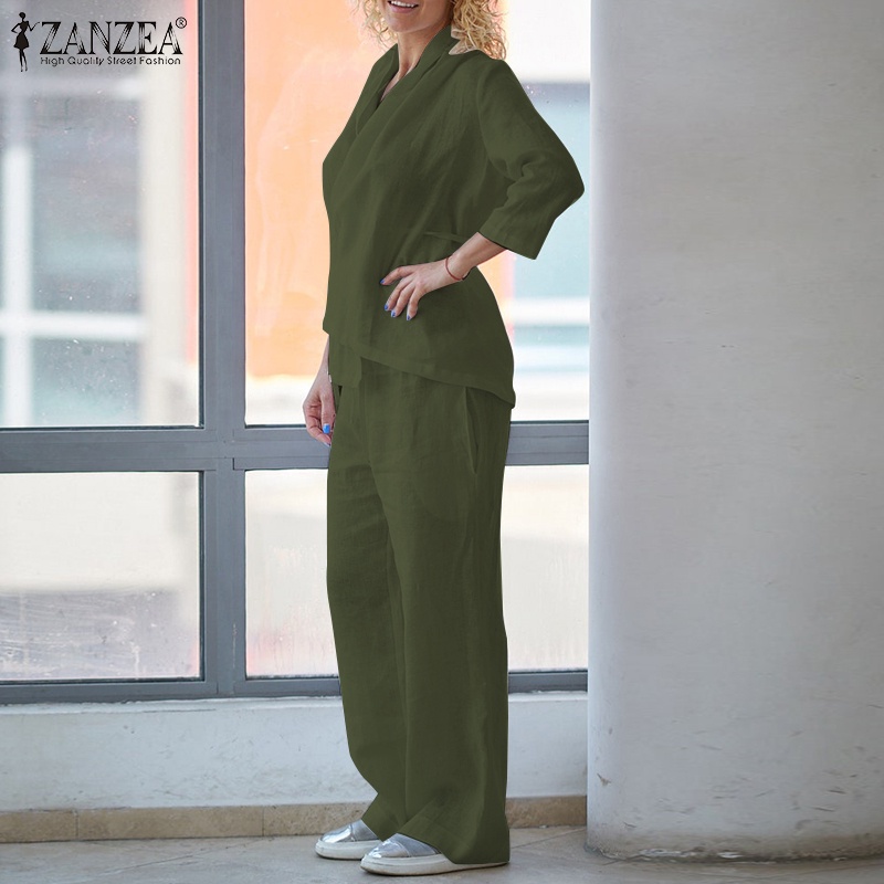 Set đồ 2 mảnh ZANZEA gồm áo tay 3/4 cổ chữ V kèm quần ống rộng lưng cao cho nữ