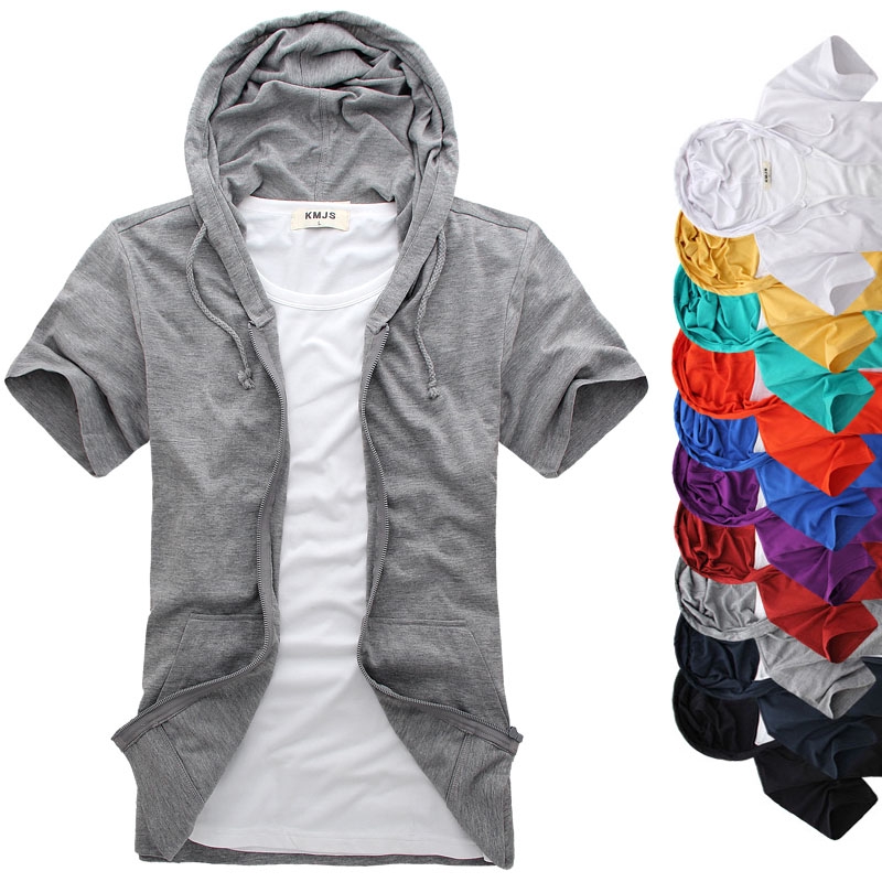 Áo hoodie tay ngắn màu trơn có khóa kéo nhiều màu tùy chọn dễ phối đồ thời trang mùa hè cho nam