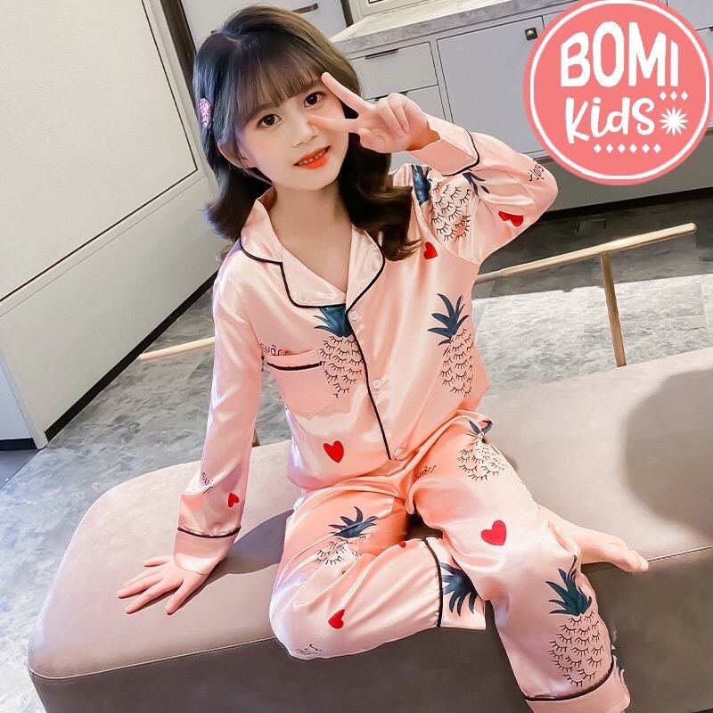 [ 15KG - 37KG ] Đồ Bộ Bé Gái Mặc Nhà dài tay Pijama Lụa 3D Cao Cấp Cho Bé