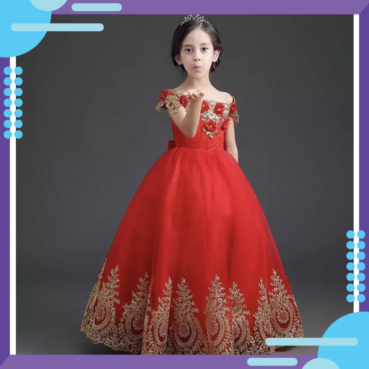Váy thiết kế đầm công chúa bé gái thời trang dự tiệc cao cấp đỏ chân ren vàng DBG060