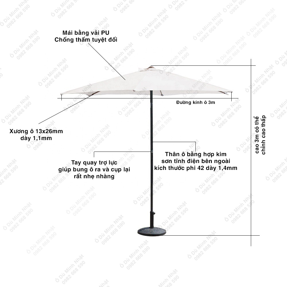 Ô dù chính tâm tròn cao cấp (đường kính 3m đã bao gồm vỏ chân đế chưa đổ bê tông)