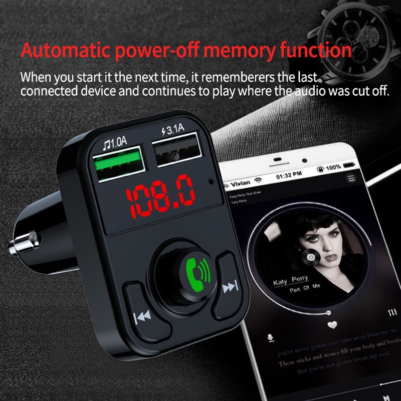 Tẩu Sạc Hai Cổng Usb Bluetooth Fm Aux Nghe Nhạc Mp3 Cho Xe Hơi