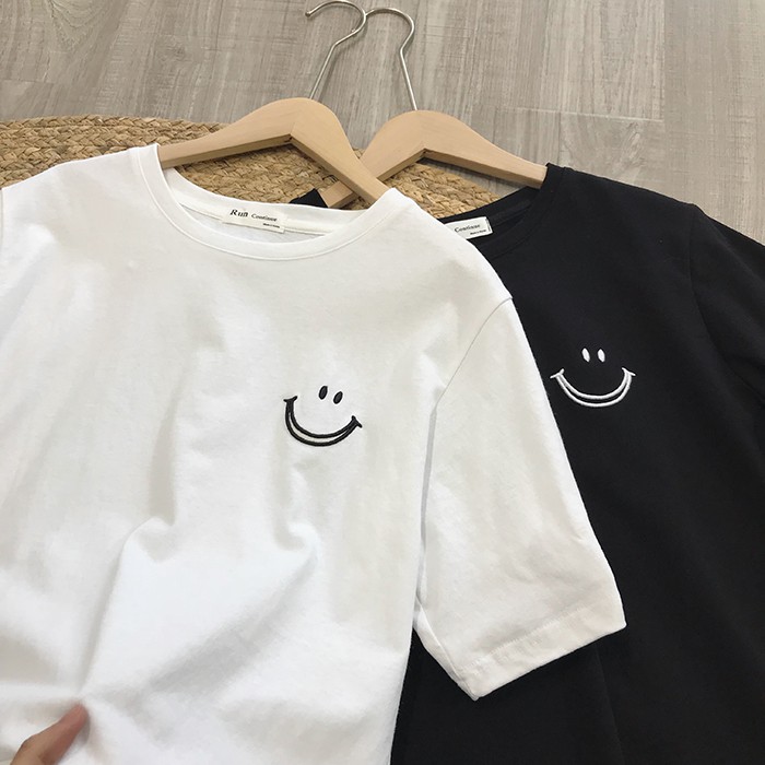 ÁO THUN UNISEX - THÊU HÌNH MẶT CƯỜI - HÀN QUỐC FORM RỘNG - HÀNG NHẬP QC