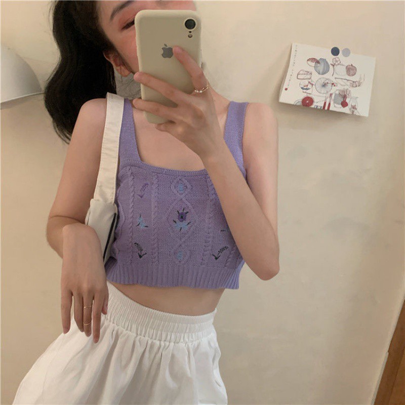 Áo Hai Dây Dệt Kim Thêu Hoa Xinh Xắn Cho Nữ