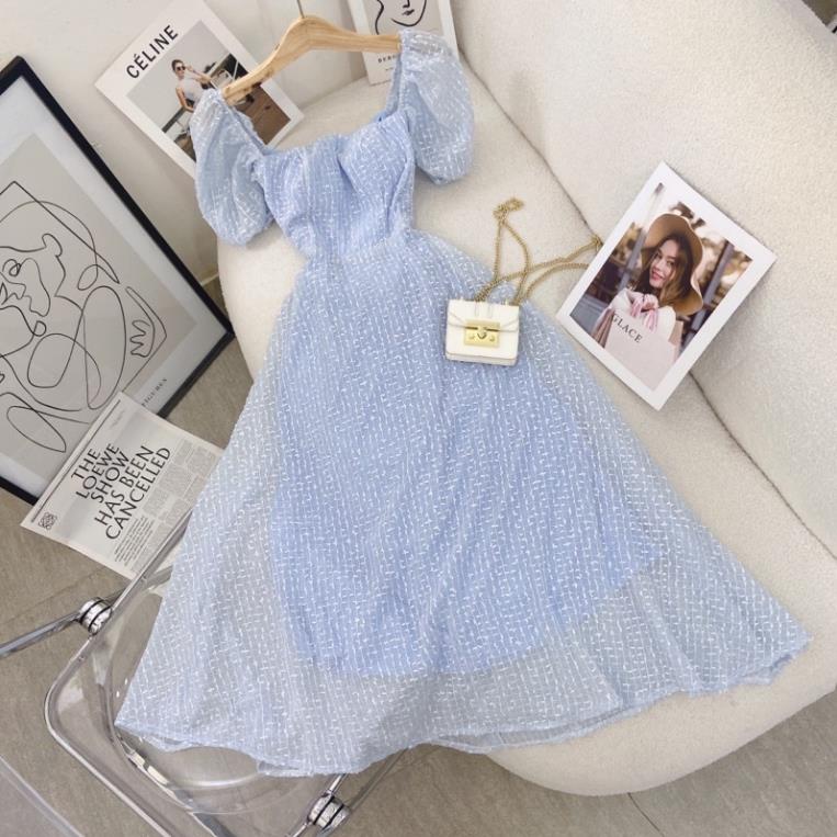 Đầm maxi xanh ren nổi cổ U cut lưng rút dây MS179 đi biển nhứt nách